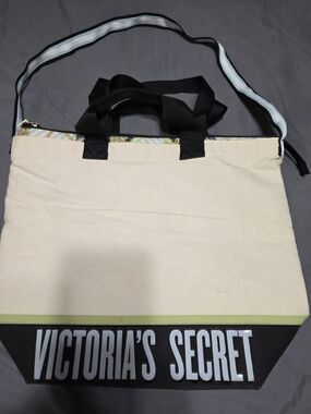 Victoria's Secret Cream and Black Canvas Tote with Light Green Trim